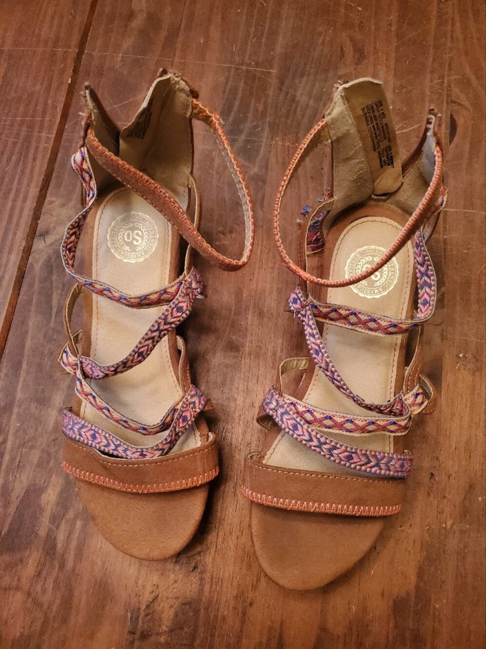 SO Tan Suede Sandals with Pink & Blue Braided Straps